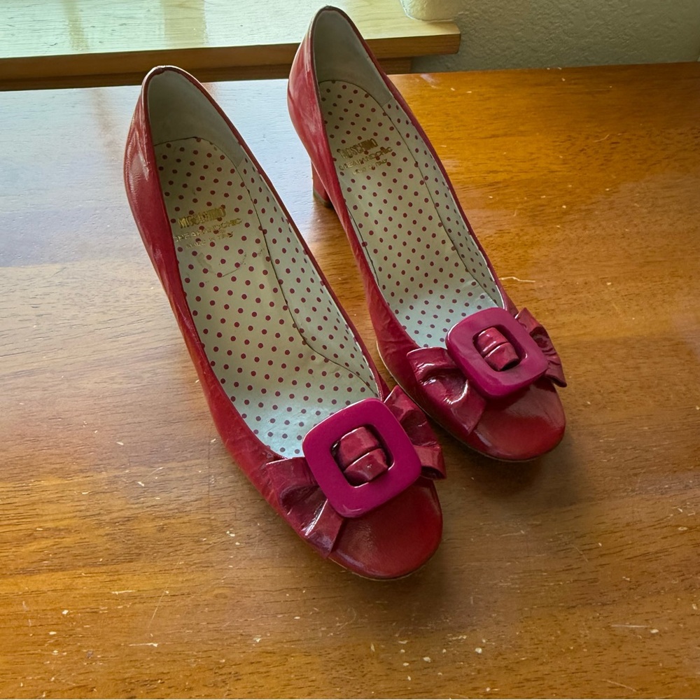 Mooching Cheap Chic Patent Leather Shoes Heels Pink Red 36.5 6.5 Bows Buckles